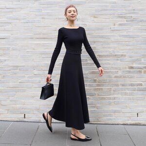 Elegant Two-Way Black Dress | V-Neck & Boat Neck | Size L